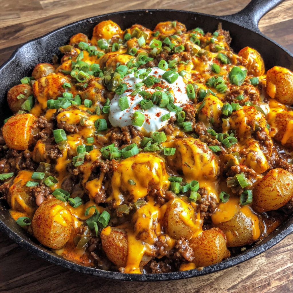 A delicious meal of meat and potatoes in a skillet.