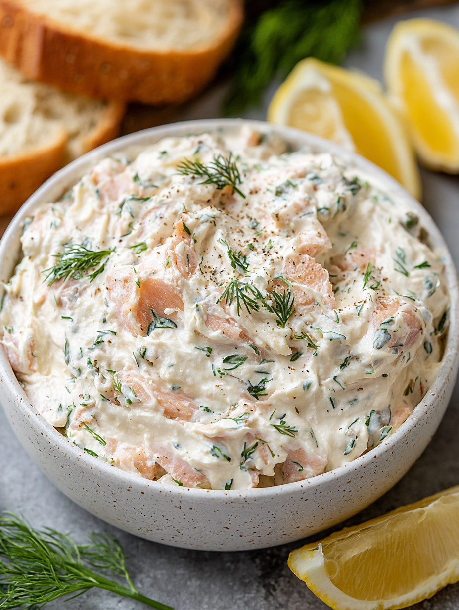 A bowl of creamy dip with a lemon wedge on top.