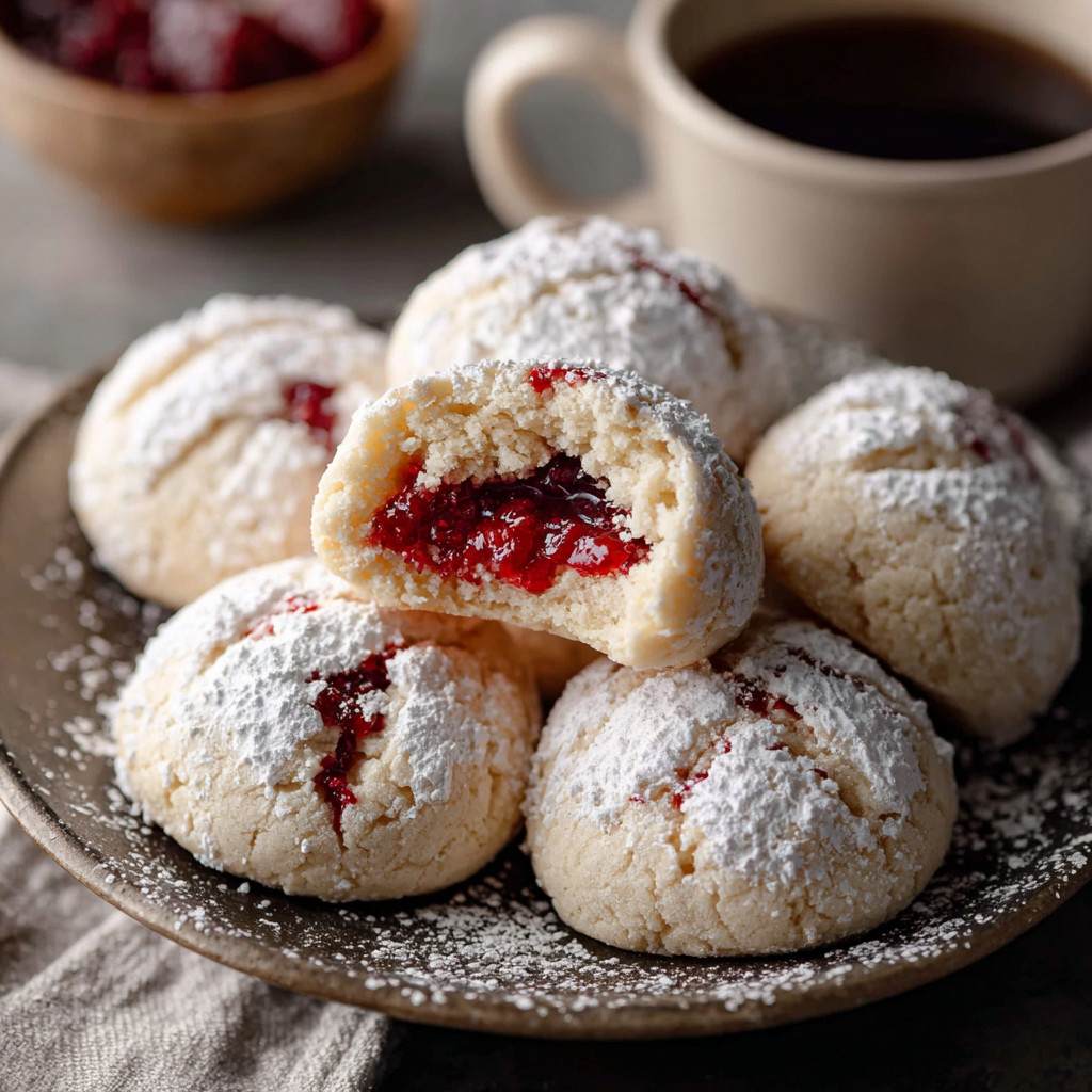 A plate of cookies with red jam in the middle.