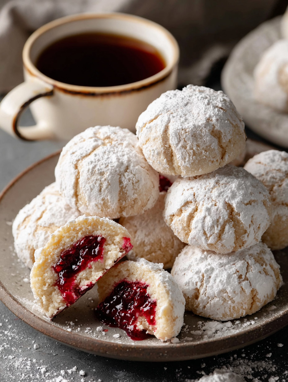 A plate of powdered sugar covered cookies with a cup of tea.