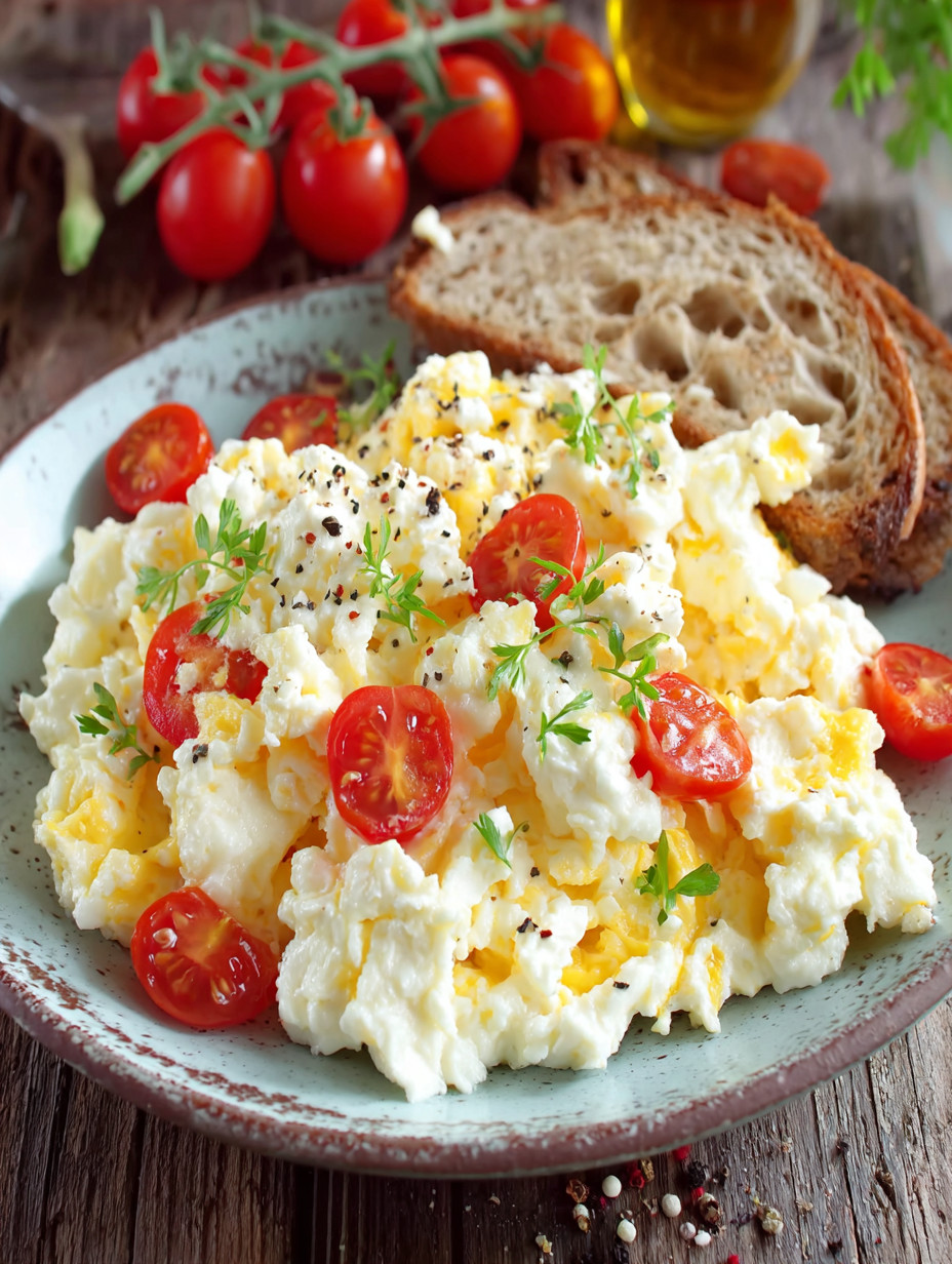 A plate of food with tomatoes and bread.