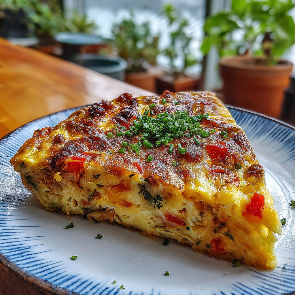 A slice of quiche on a plate.