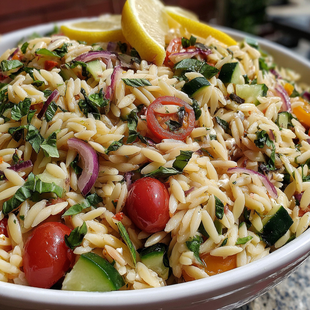 A bowl of rice with vegetables and lemon wedges.