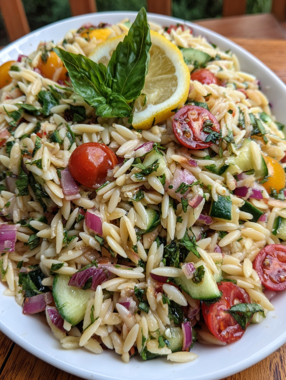 A bowl of pasta salad with tomatoes, cucumbers, and basil.