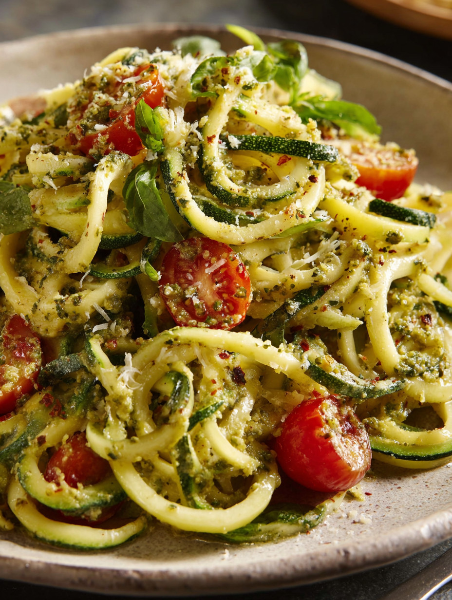 A plate of pasta with tomatoes and zucchini.
