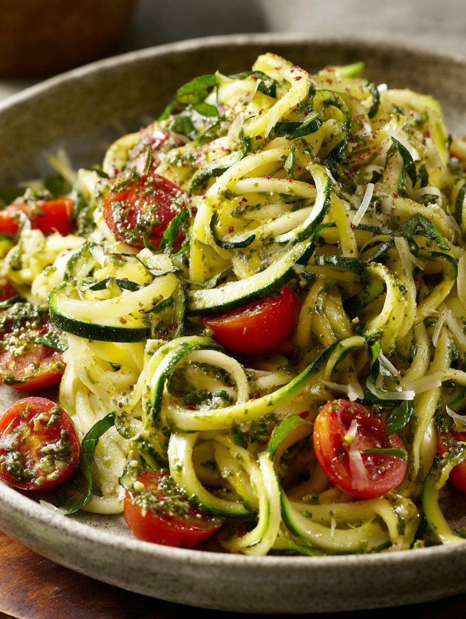 A bowl of pasta with tomatoes and zucchini.