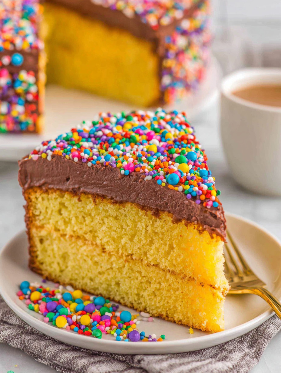 A slice of cake with sprinkles on a plate.