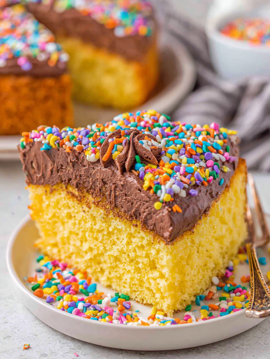 A slice of cake with chocolate and sprinkles.