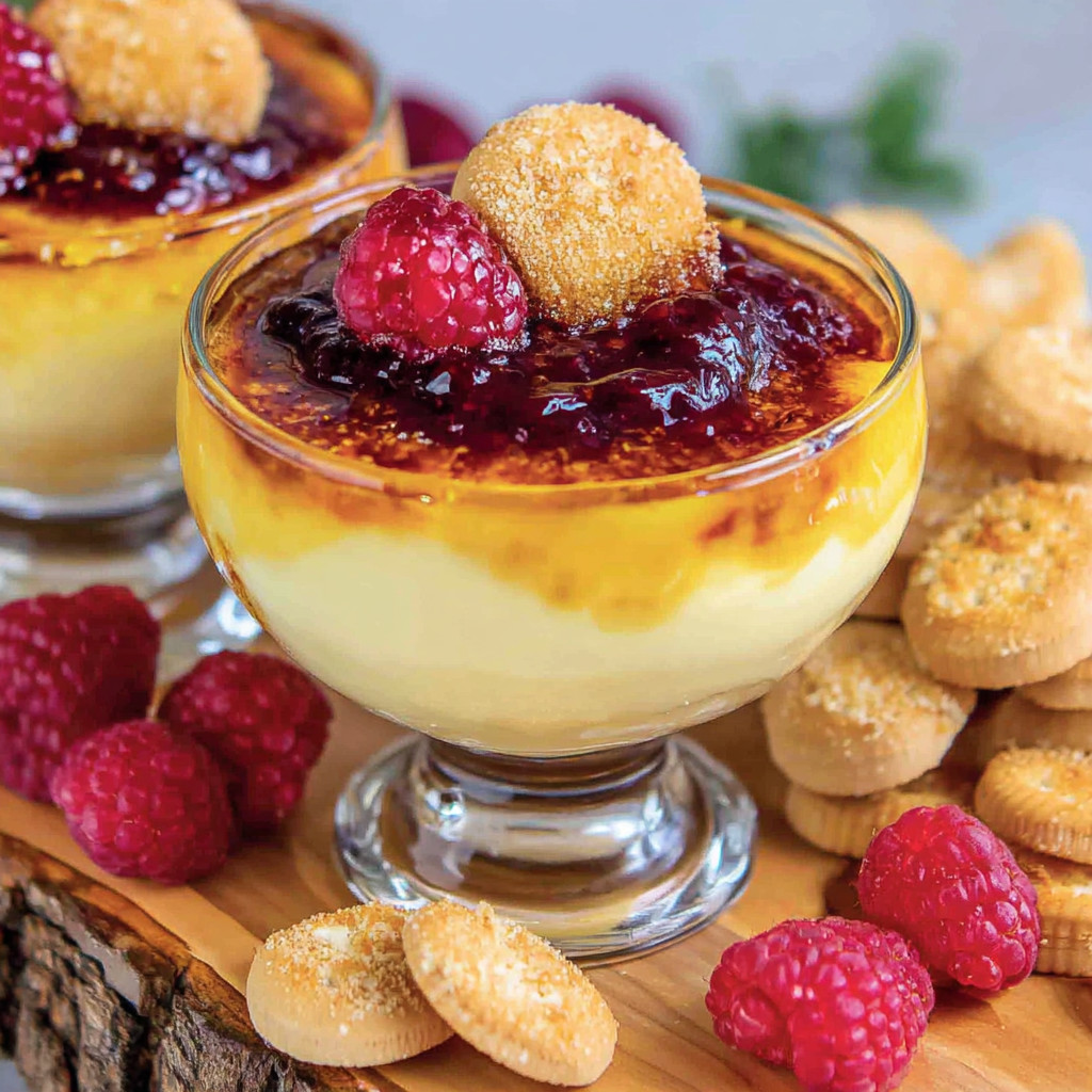 Two glasses of dessert with raspberries on top.