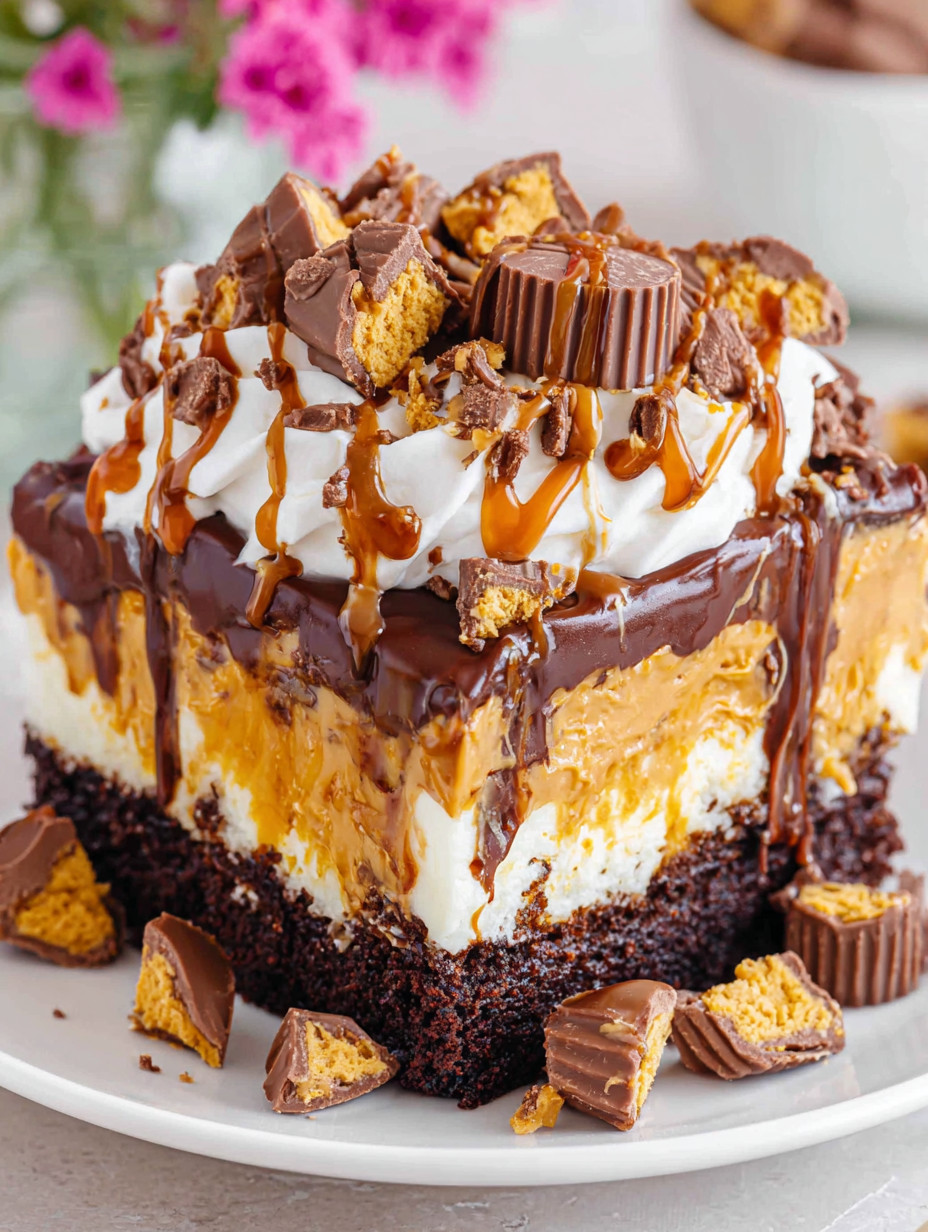 A slice of cake with chocolate and caramel drizzle.
