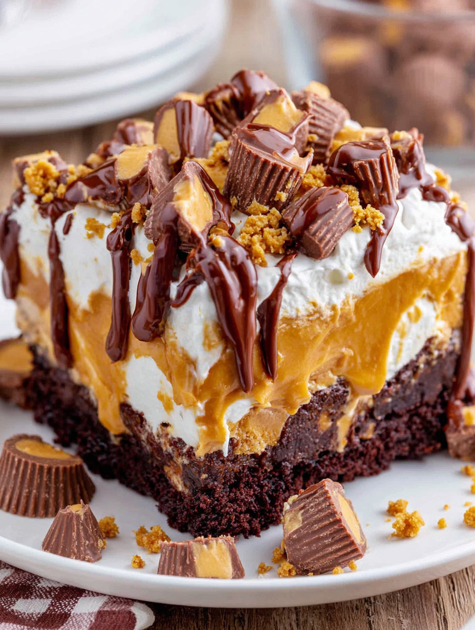 A slice of chocolate cake with peanut butter and chocolate chips.