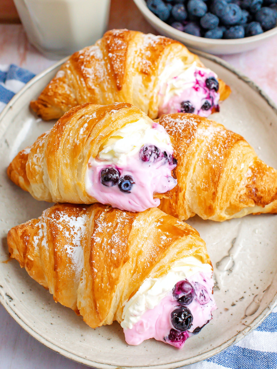 Three croissants with pink and blue berries on top.