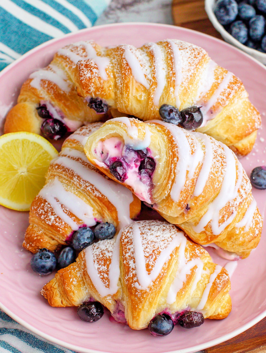 A plate of blueberry and lemon flavored croissants.
