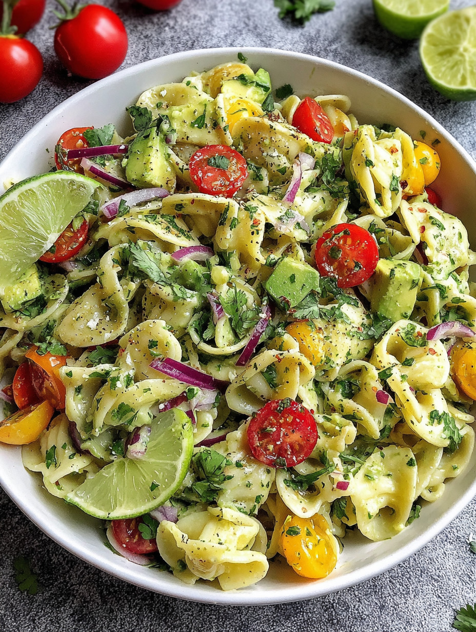 A bowl of pasta salad with tomatoes, onions, avocado, and lime.