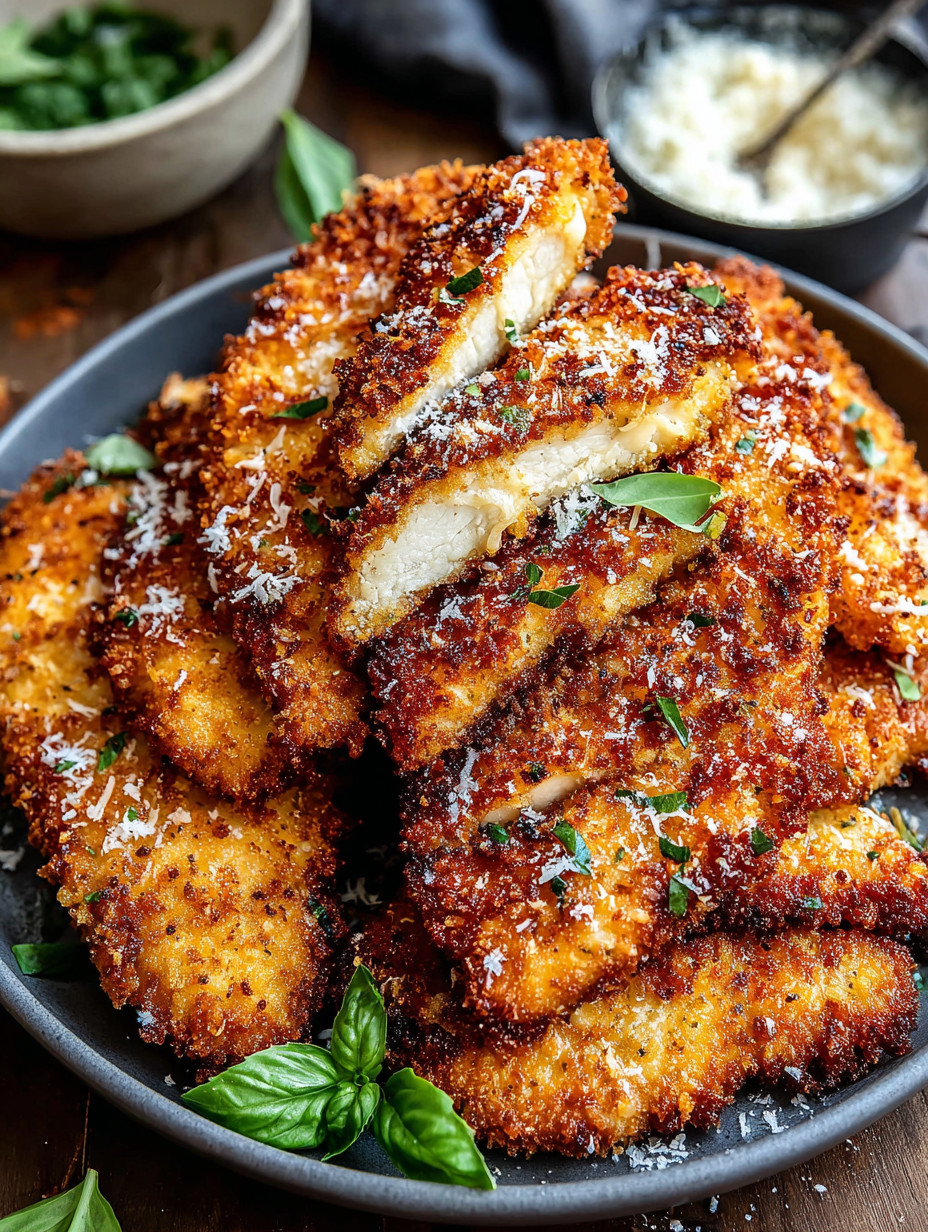 A plate of breaded chicken with cheese and herbs.
