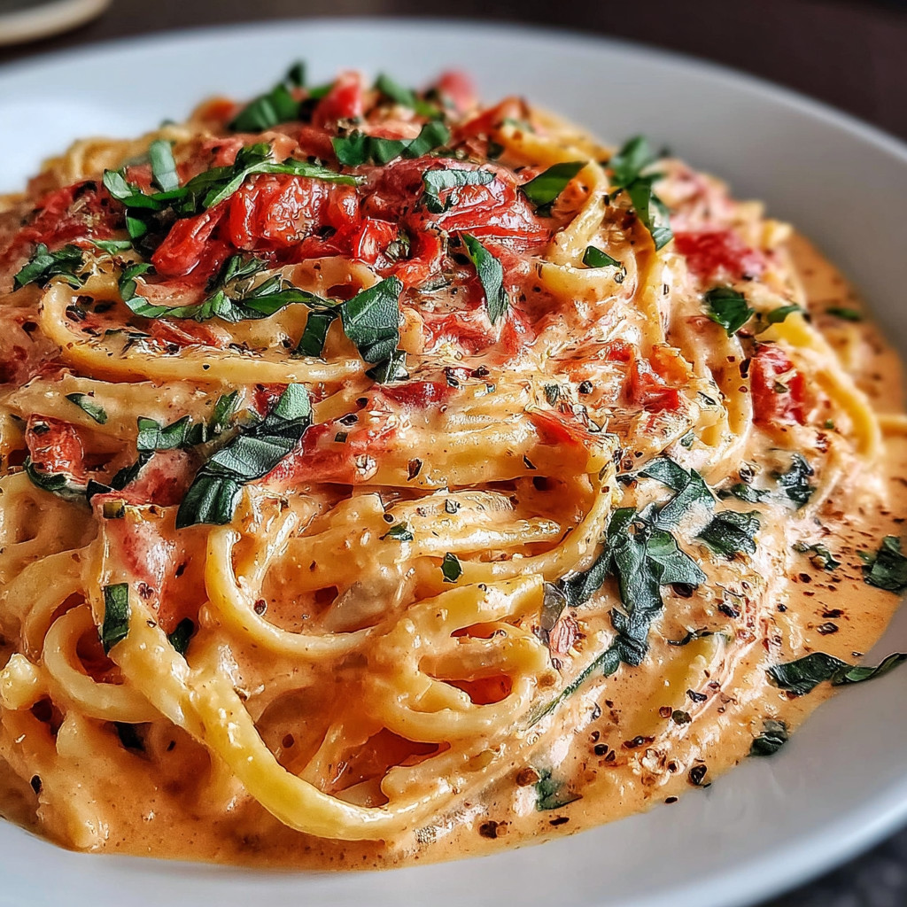 A plate of spaghetti with tomatoes and basil.