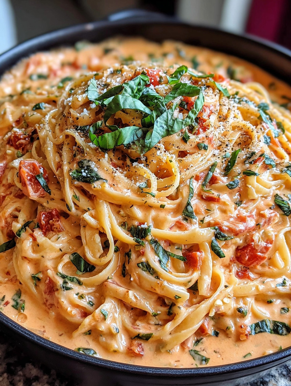 A bowl of pasta with tomatoes and basil.