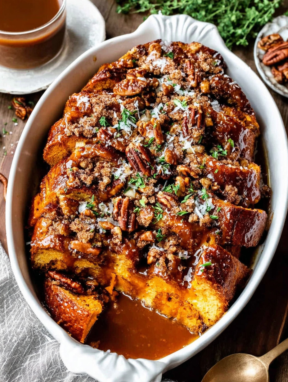 A casserole dish filled with bread and nuts.