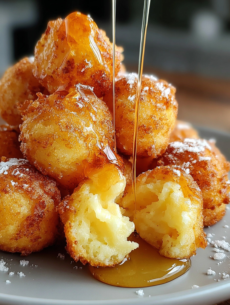 A stack of doughnuts with syrup drizzled on them.