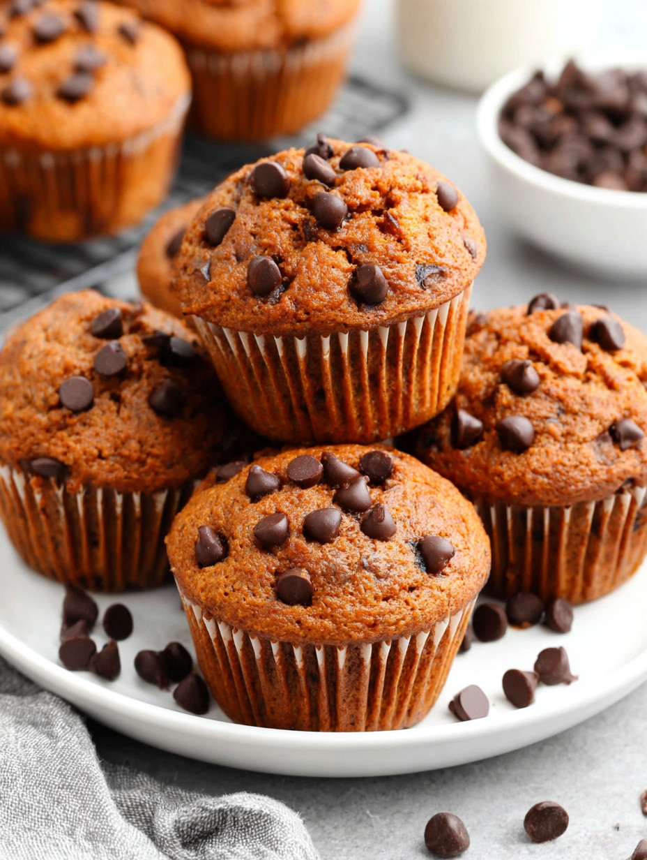 A plate of chocolate chip muffins.