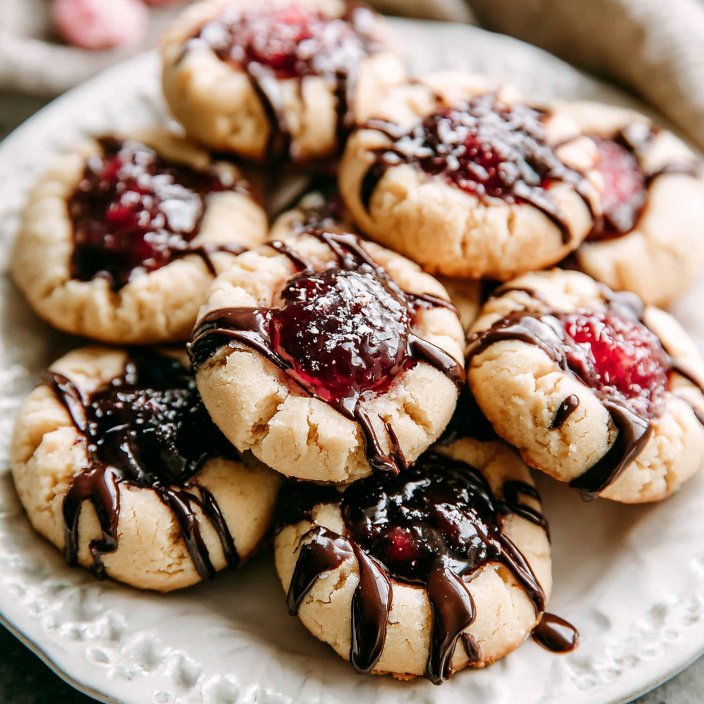A plate of cookies with chocolate drizzle and jelly.