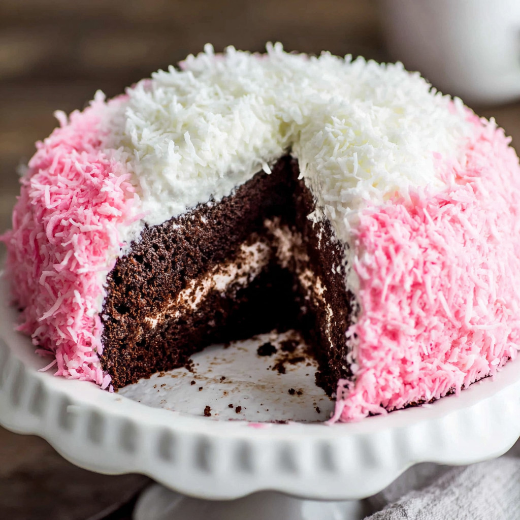 A slice of cake with pink and white frosting.