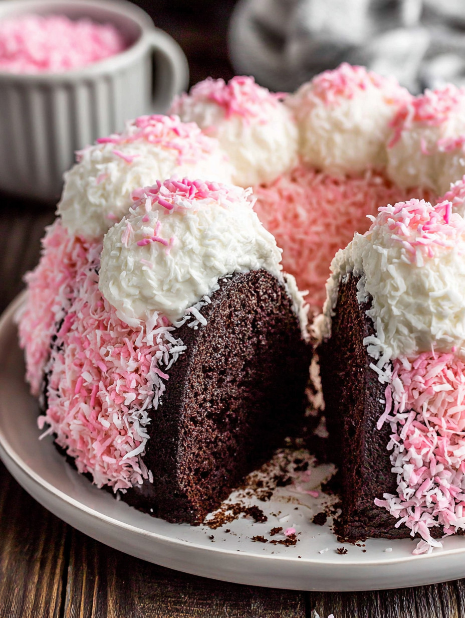 A slice of cake with pink and white frosting.