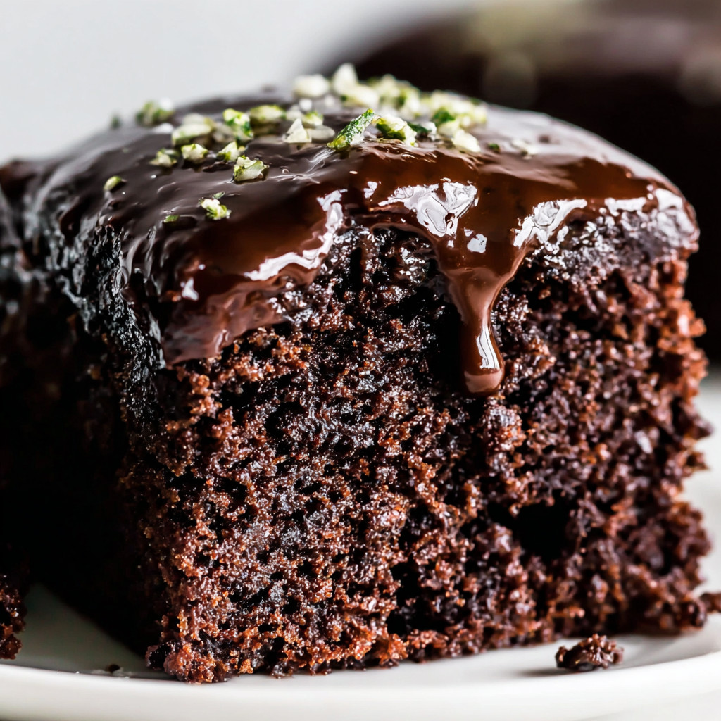 A slice of chocolate cake with chocolate drizzle.