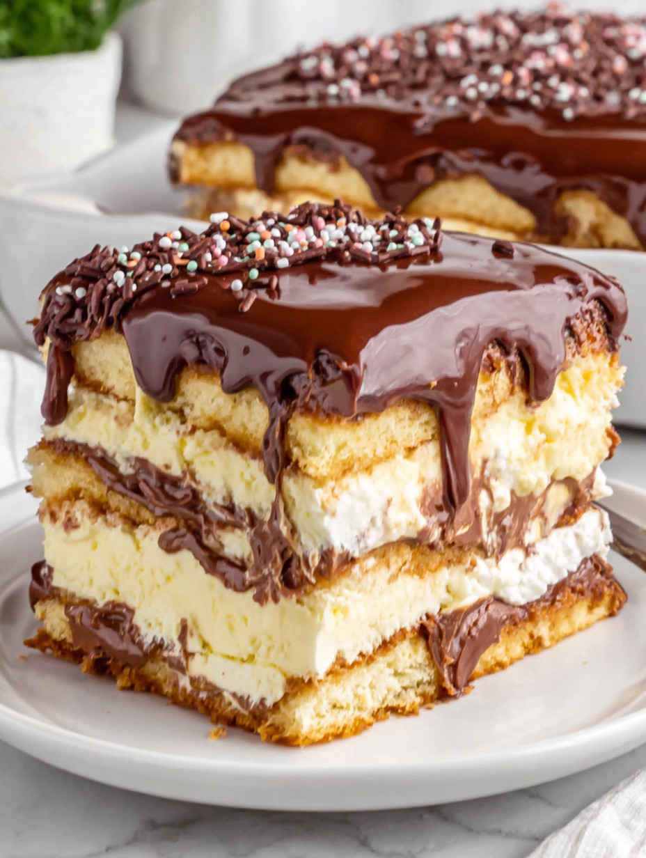 A chocolate cake with white frosting.