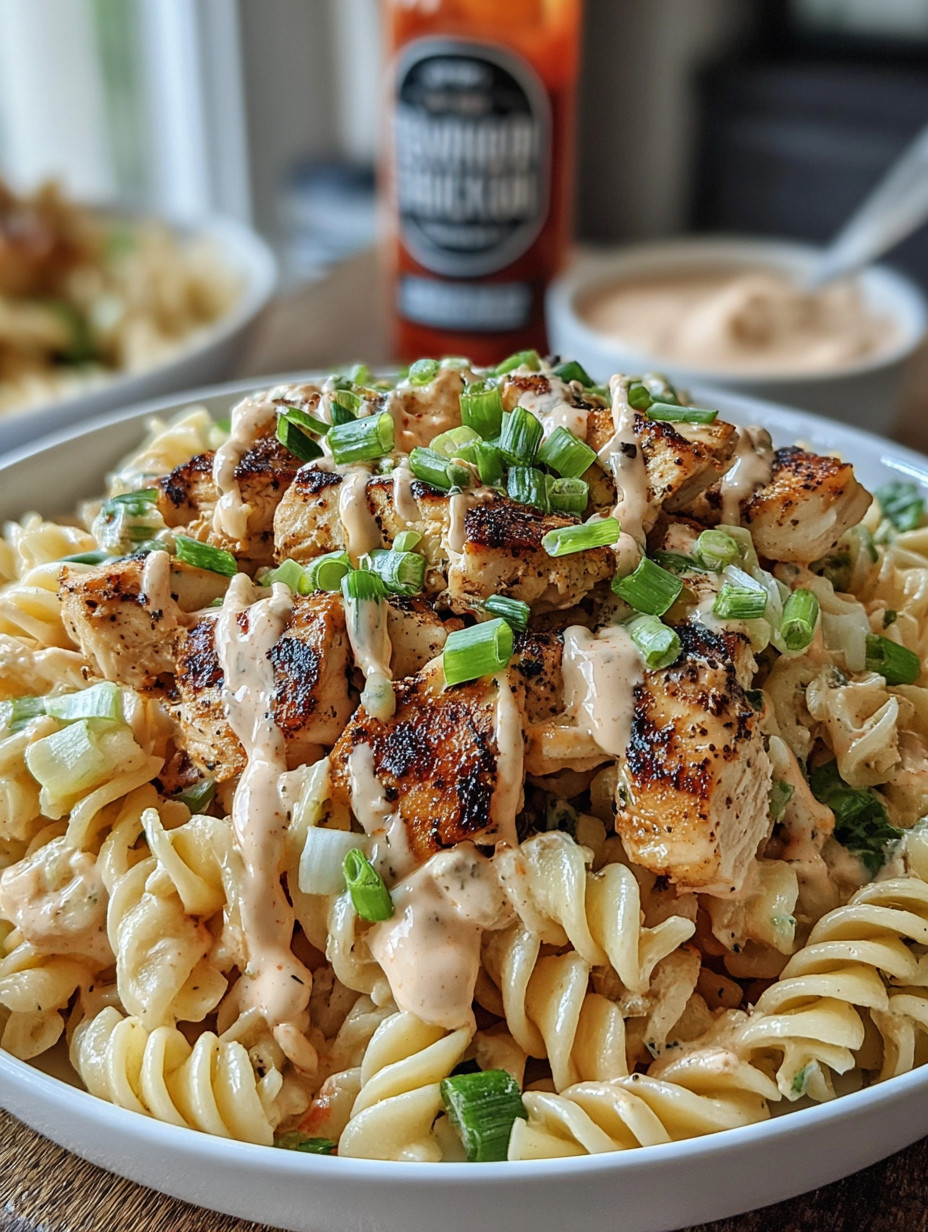A bowl of pasta with chicken and sauce.