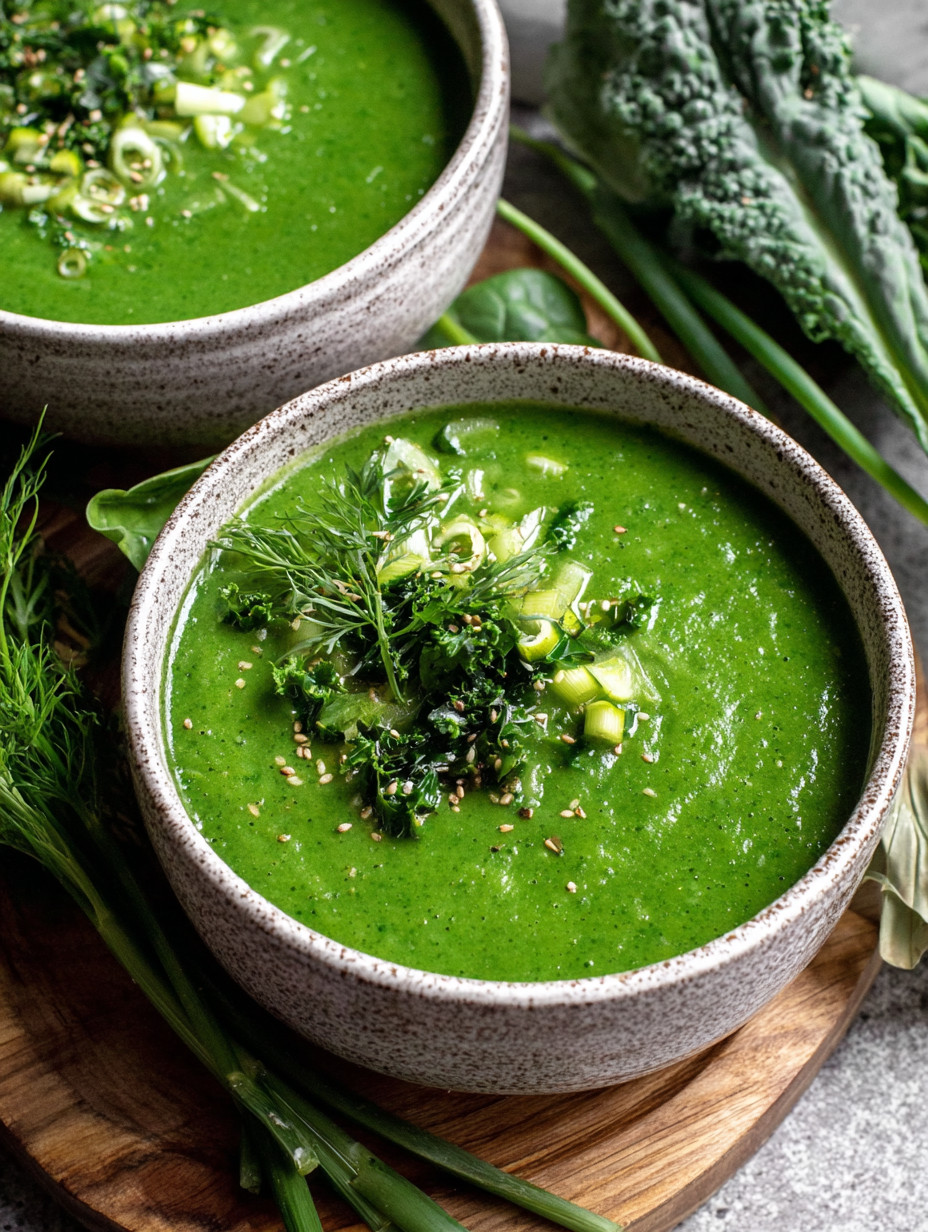 Two bowls of soup with broccoli and other vegetables.