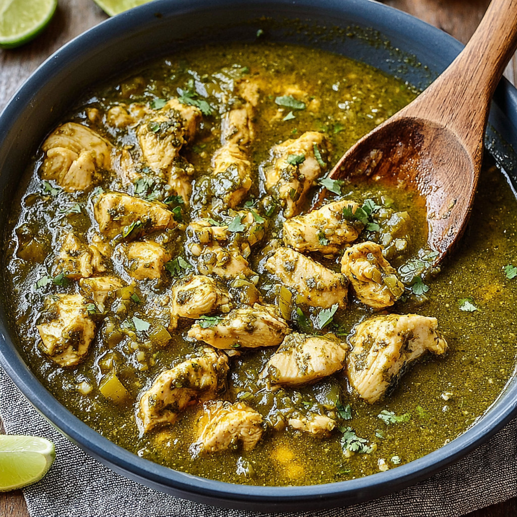 A bowl of chicken soup with a spoon in it.