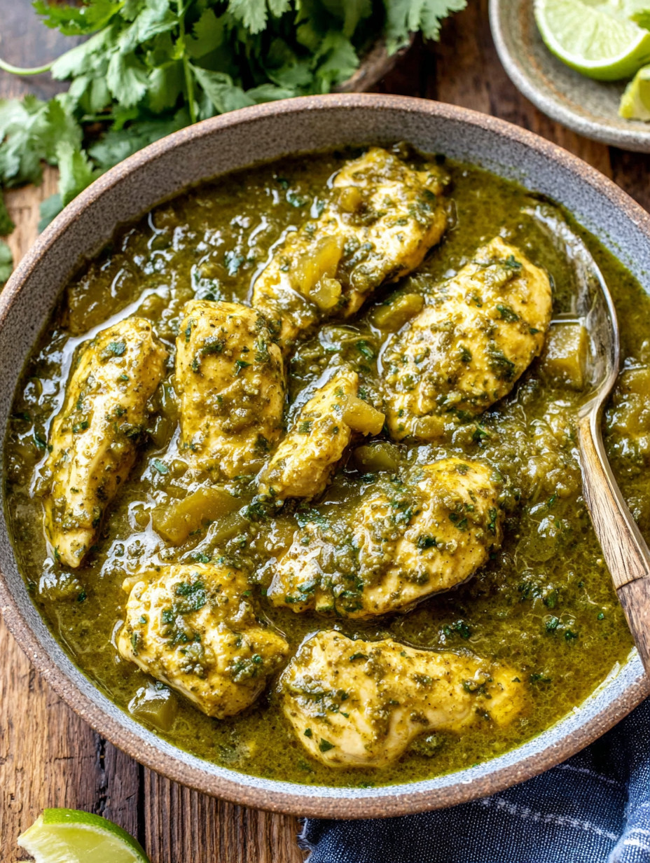 A bowl of chicken with green sauce.
