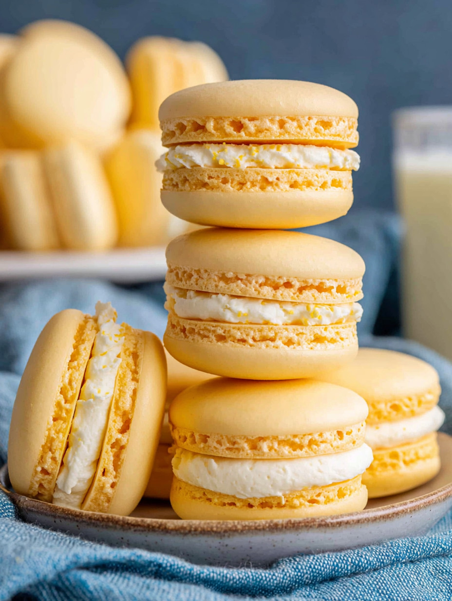 A stack of yellow macaroons with white frosting.