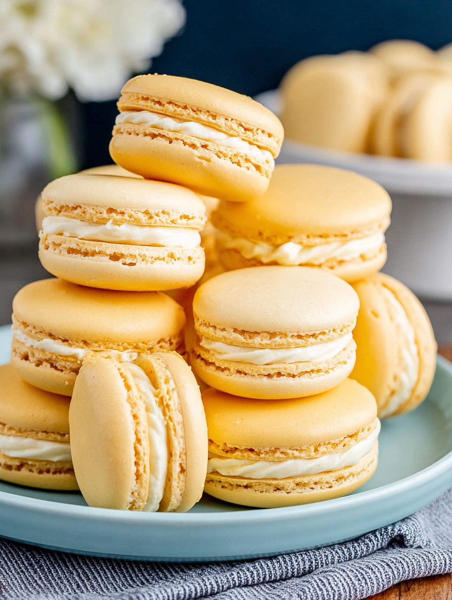 A stack of yellow macaroons on a blue plate.