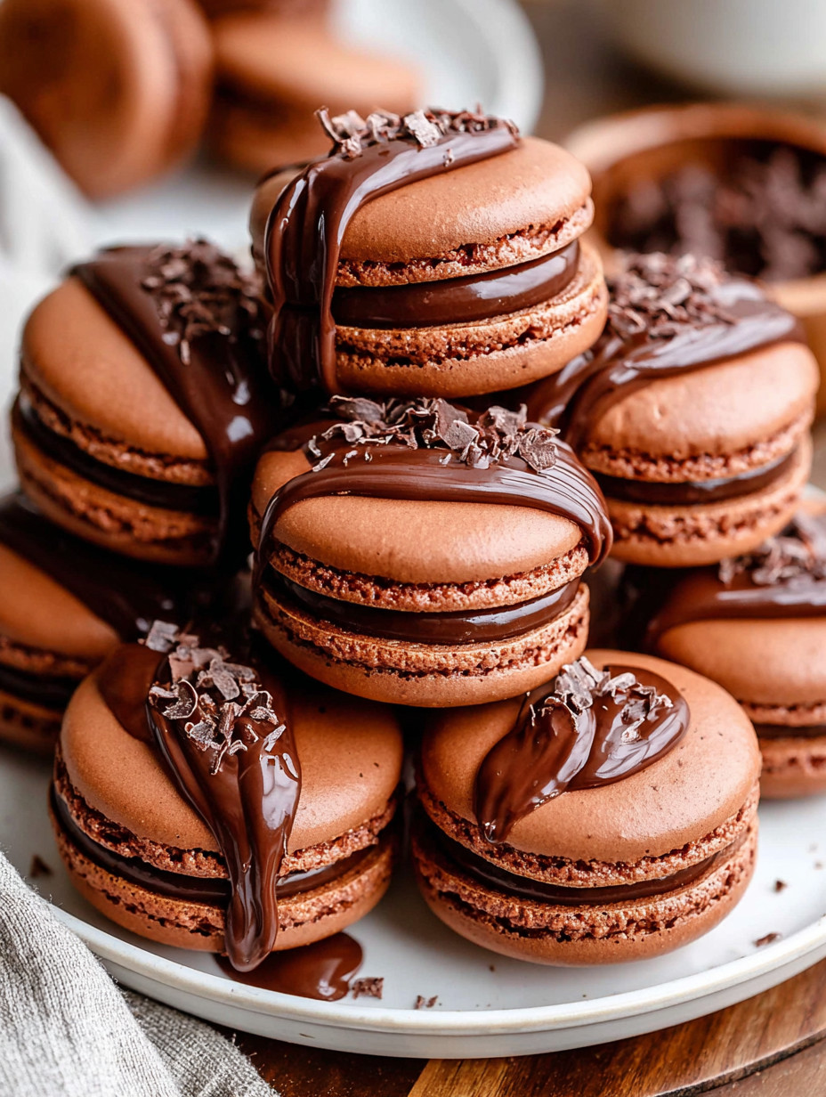 Chocolate drizzled macaroon stacked on top of each other.