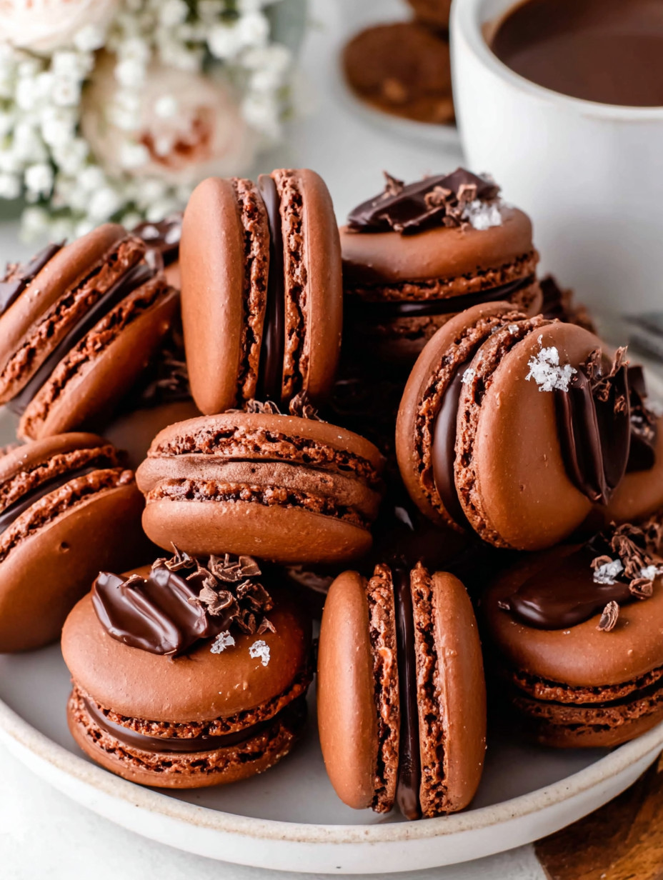 Chocolate macaroons with chocolate drizzle.