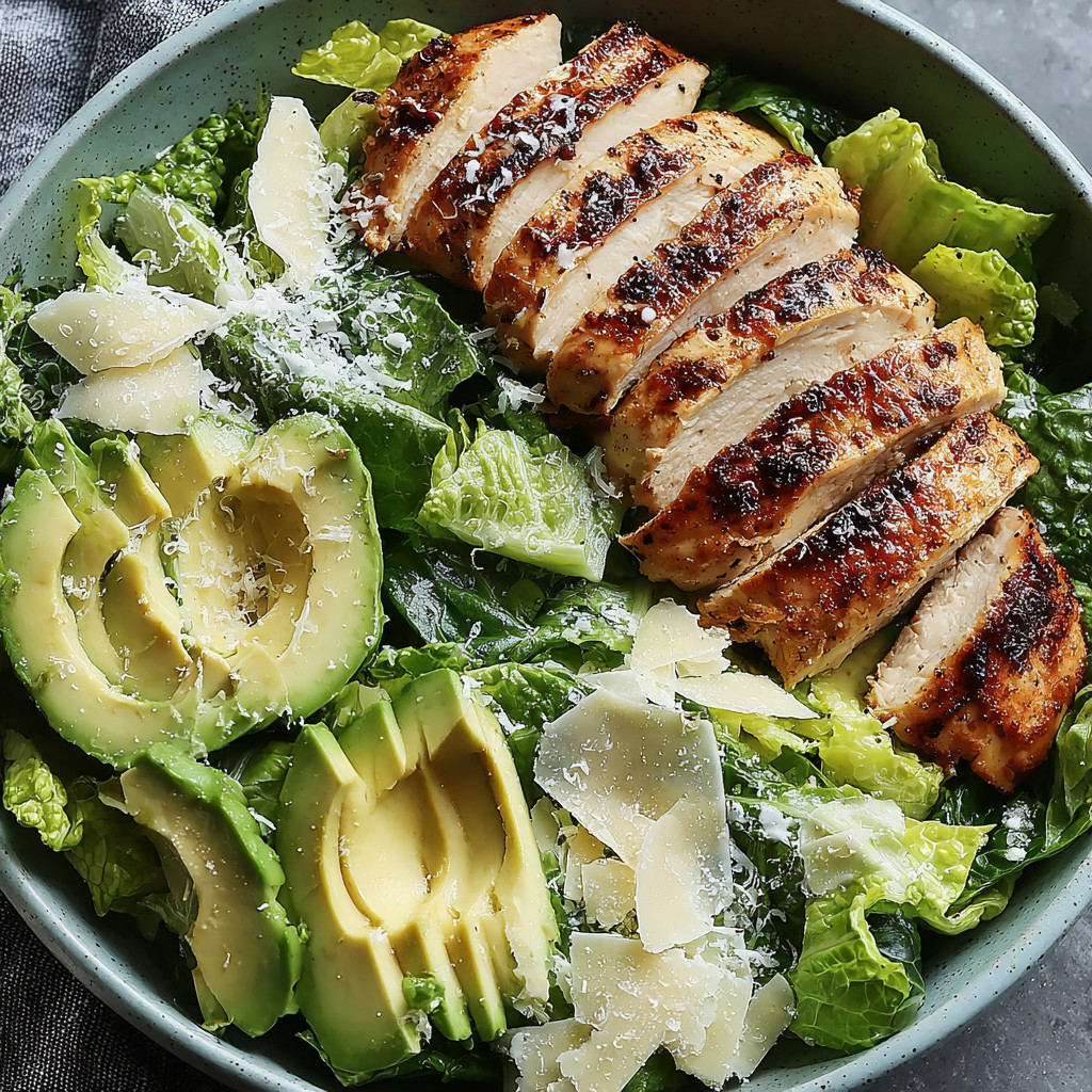 A plate of food with chicken, lettuce, and avocado.