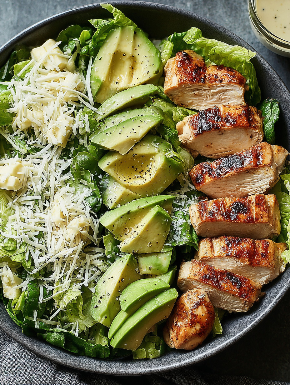 A bowl of chicken and avocado salad.