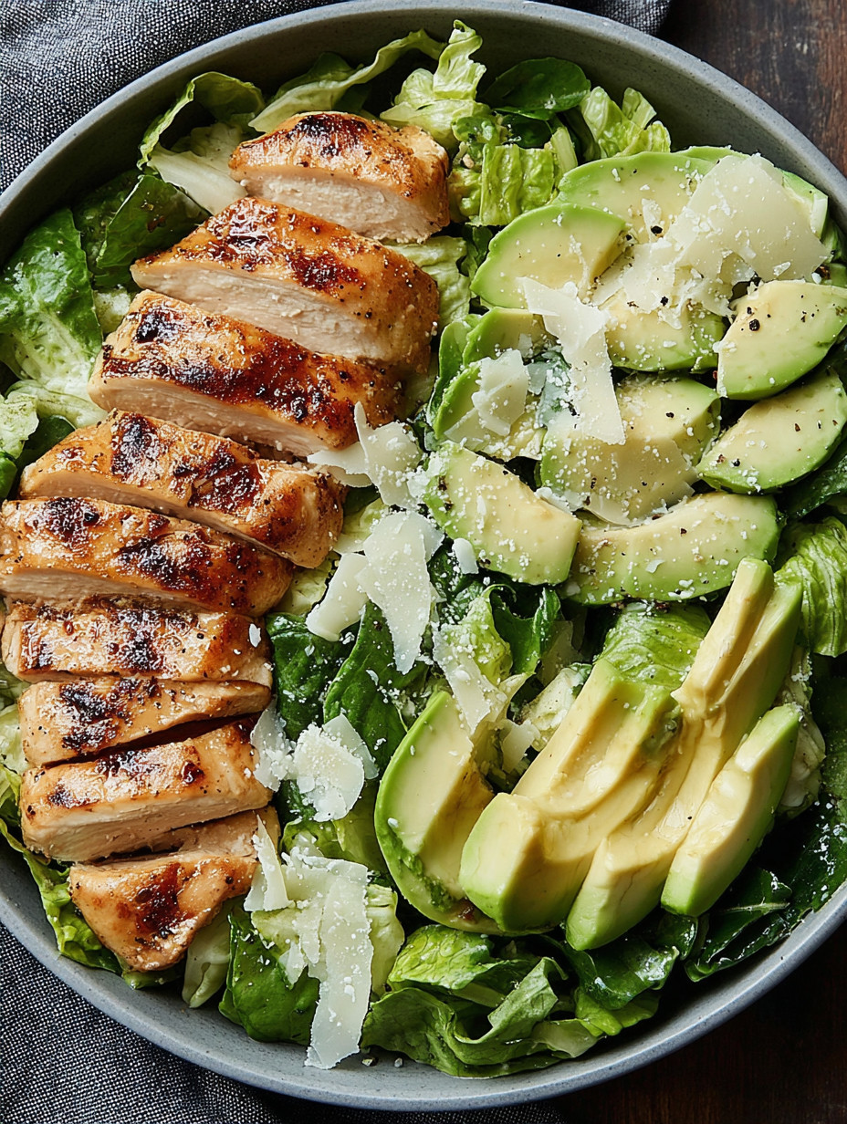 A plate of food with chicken, lettuce, and avocado.