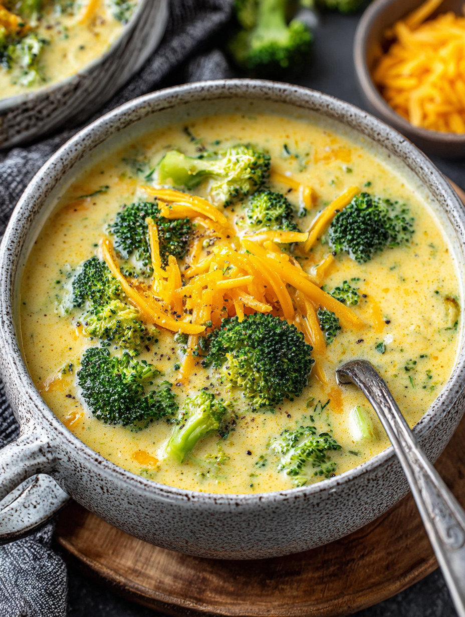 A bowl of soup with broccoli and cheese.