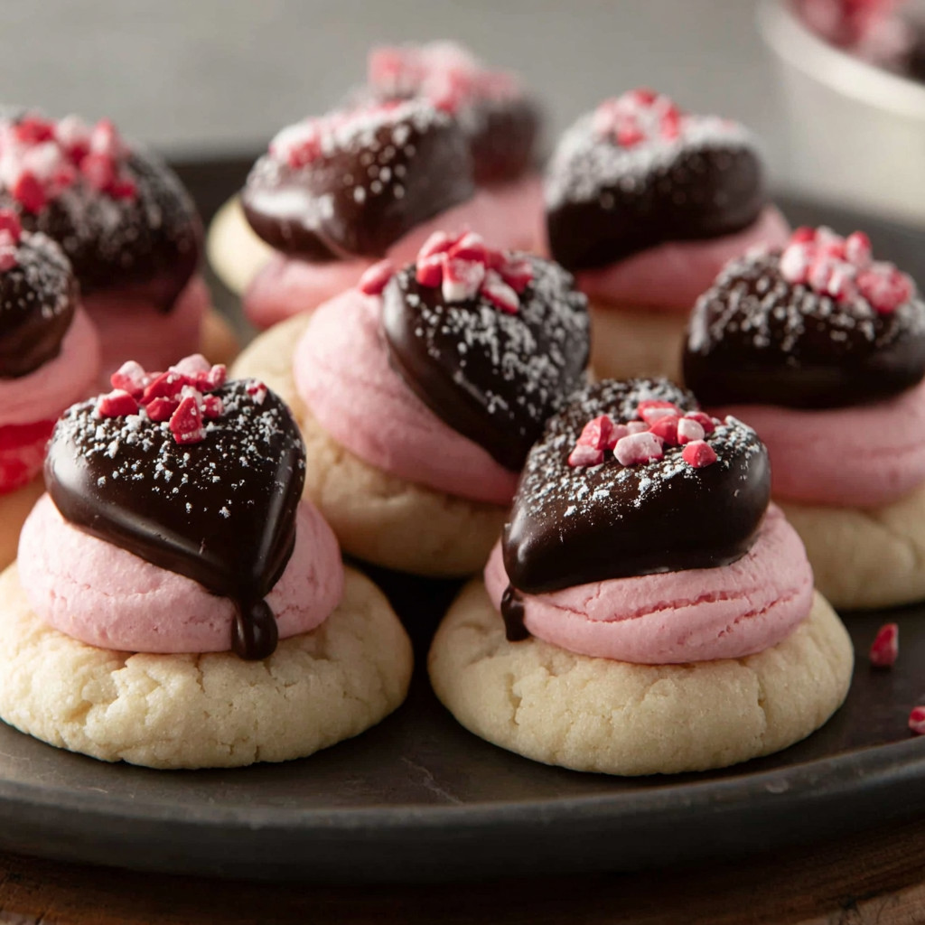 A plate of chocolate covered cookies with red sprinkles.