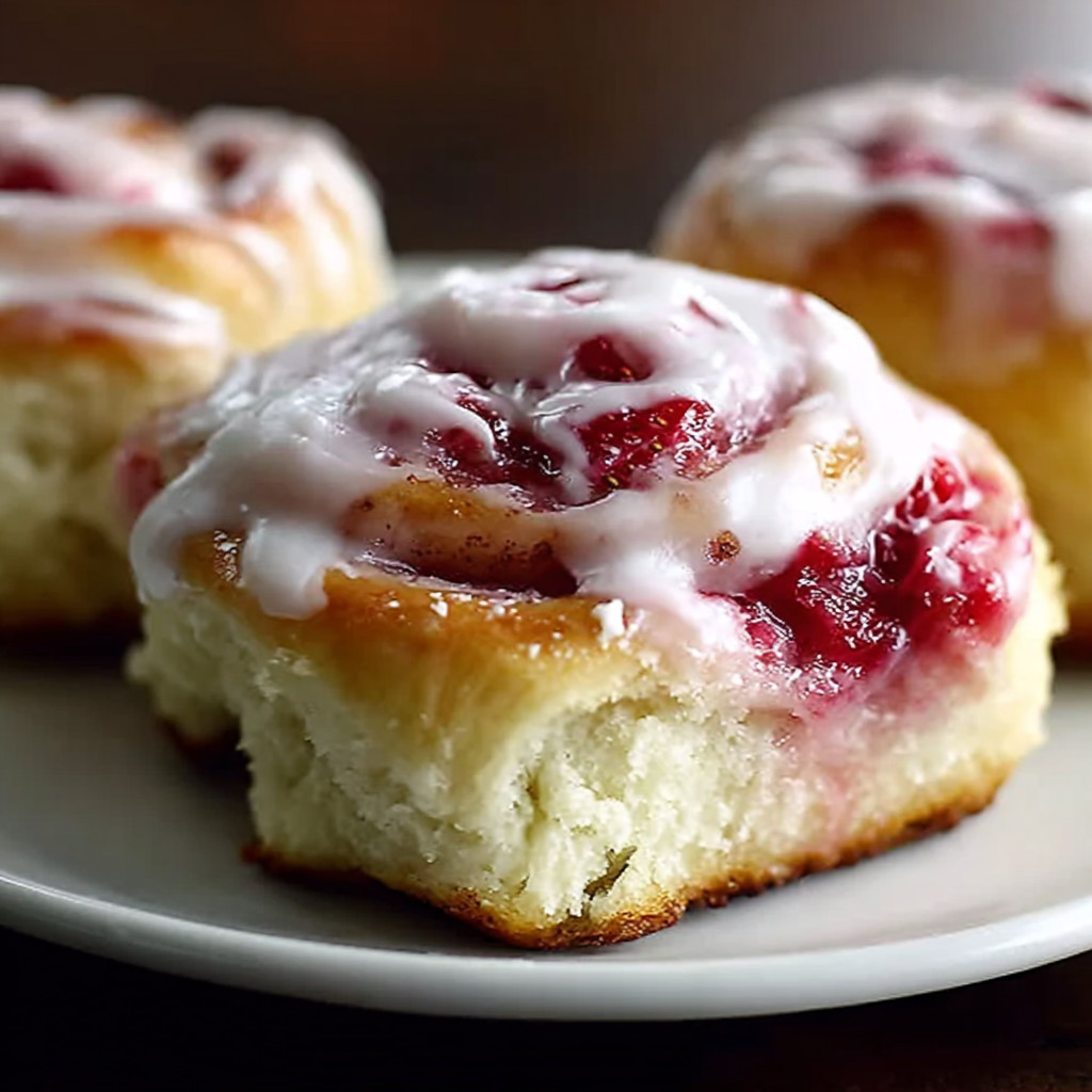 Two pastries with white icing and red berries on a plate.