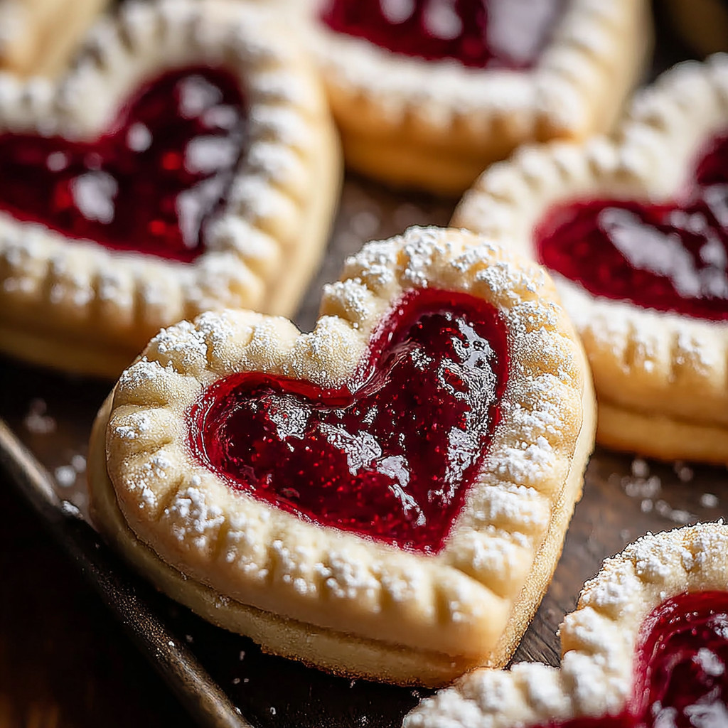 A plate of heart shaped cookies with jelly in the middle.