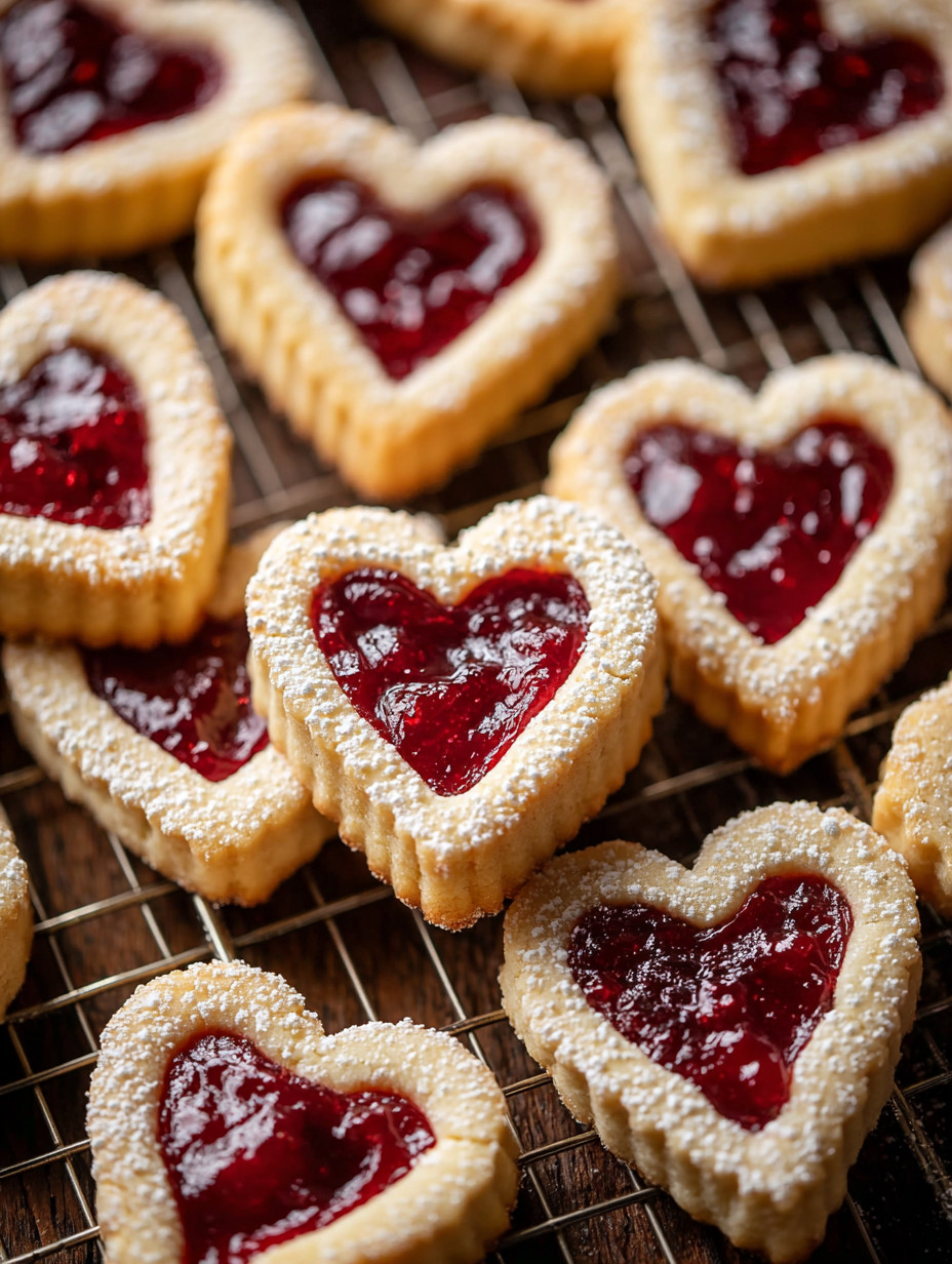 Heart shaped cookies with jelly filling.
