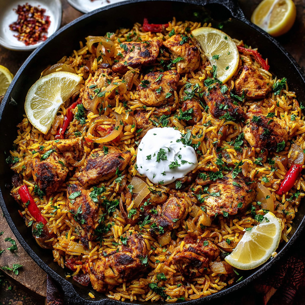A bowl of rice with chicken and lemon wedges.