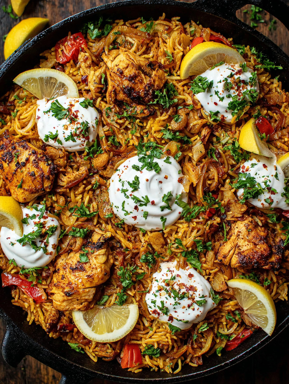 A dish of rice with chicken and vegetables.