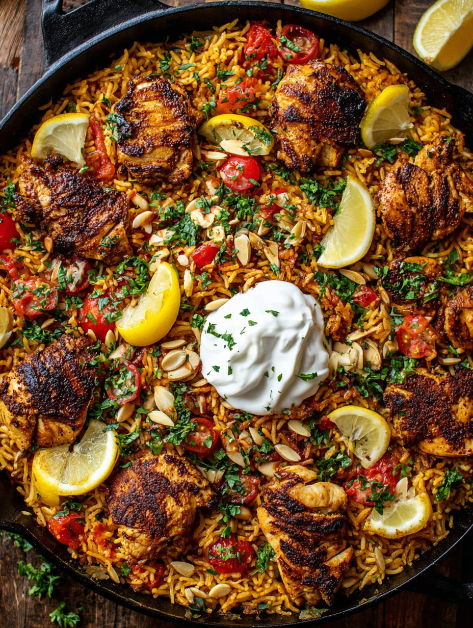 A plate of food with rice, tomatoes, lemons, and chicken.