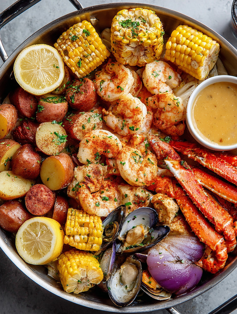 A bowl of food with shrimp, corn, potatoes, and lemon.