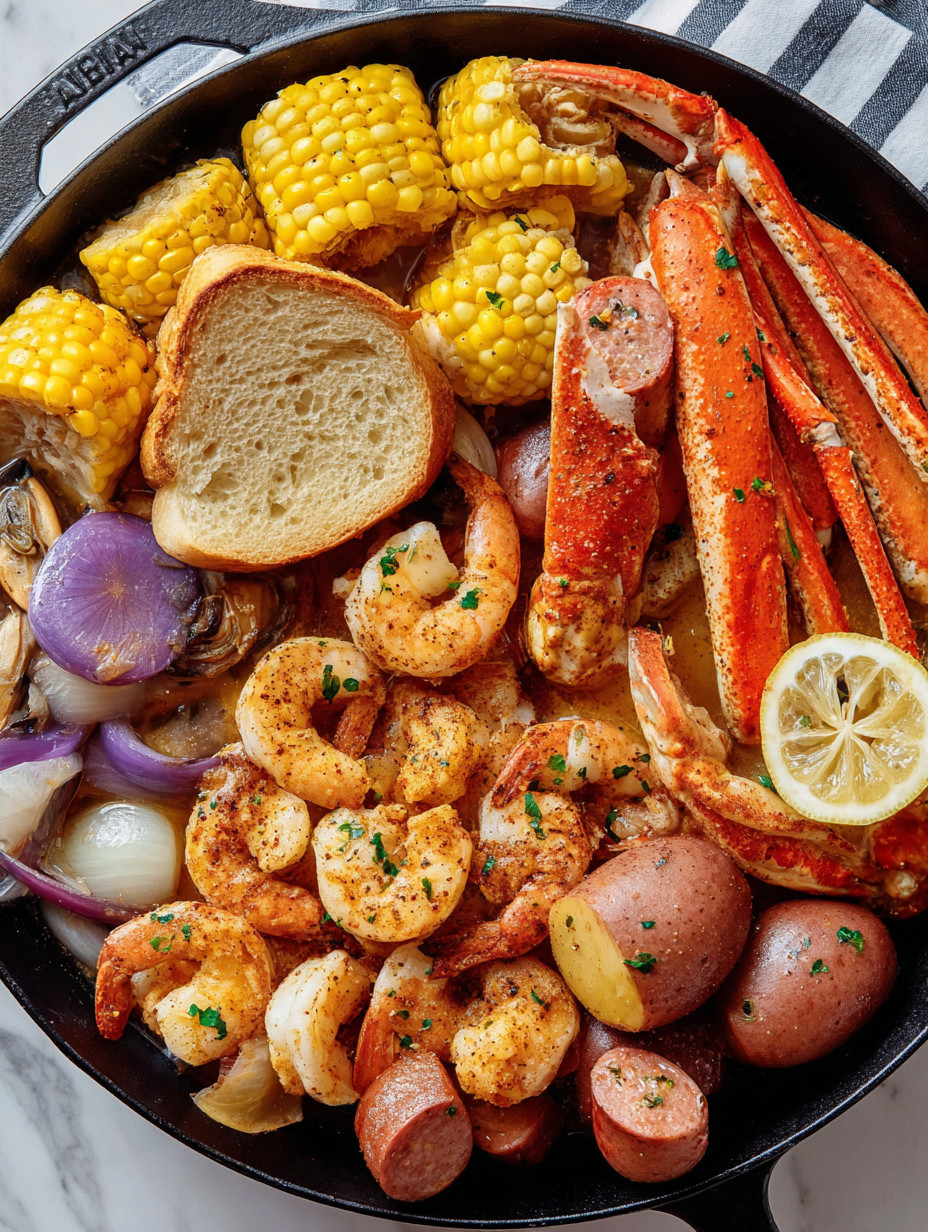 A pan of food with shrimp, corn, and potatoes.